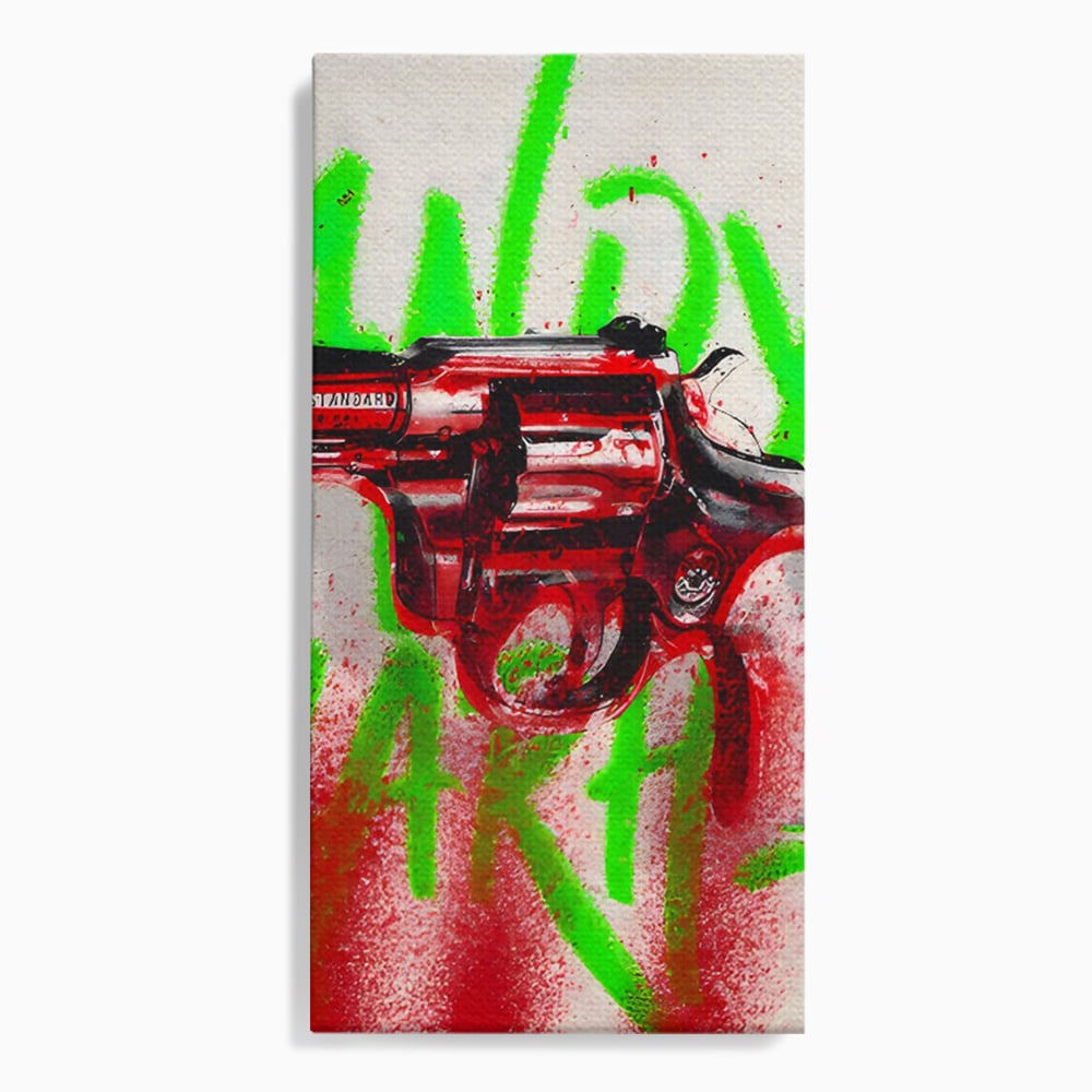 Tablou canvas cu tablou canvas cu pistol rosu si graffiti, fara rama, pe sasiu de lemn